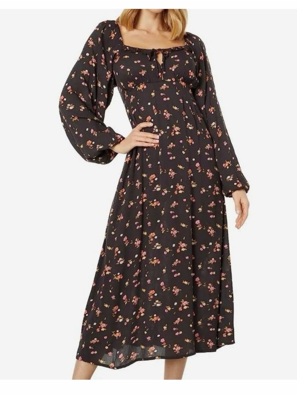 Billabong Black Floral Tie-Front Long Sleeve Boho Peasant Style Midi Dress XS